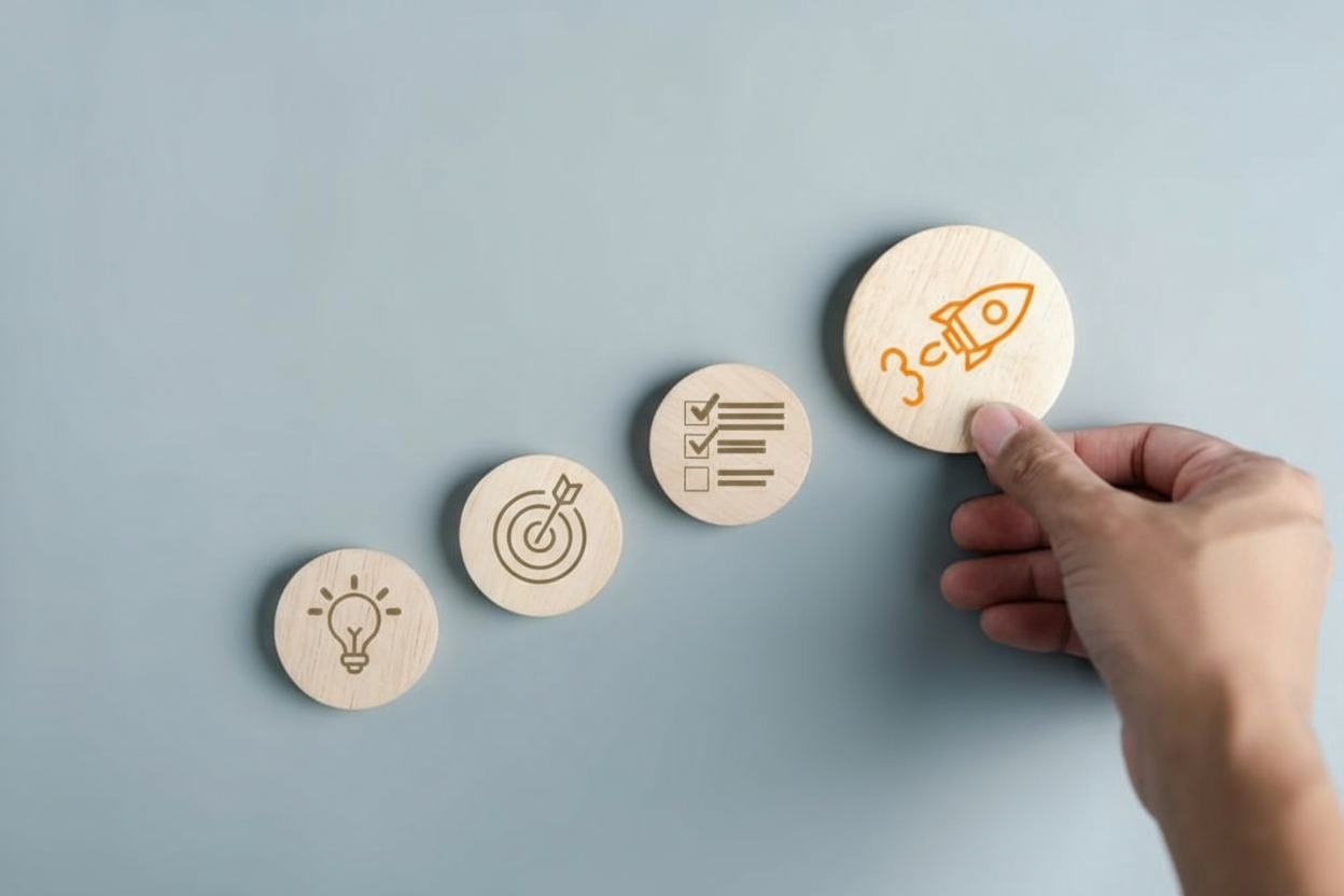 Hand placing a wooden disk with a rocket icon after three disks showing idea, target, and checklist, symbolising steps from plan to launch