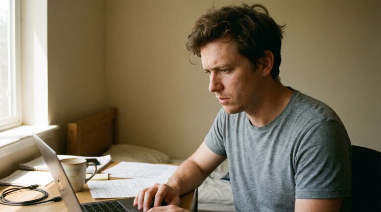 Small business owner focused on laptop researching the best website builder for small business