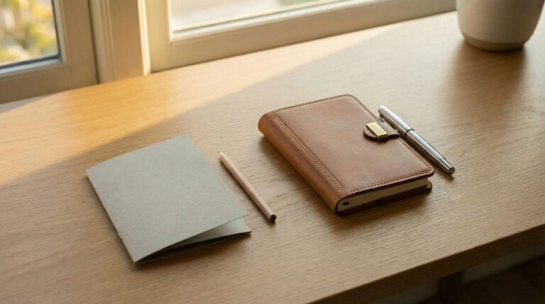 Free website builder for small business — plain notecard versus leather journal on a wooden desk