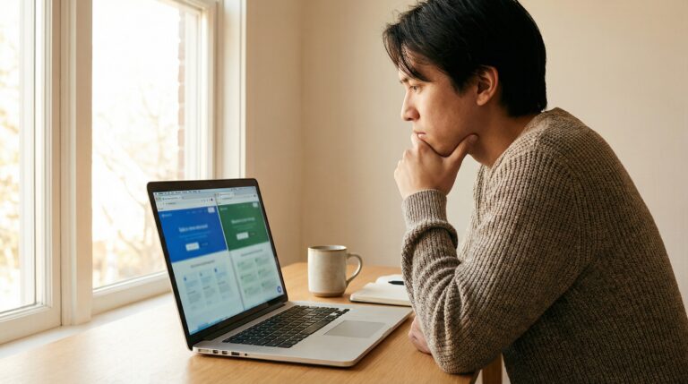 Hostinger vs Wix for small business — person comparing two website builders on a laptop