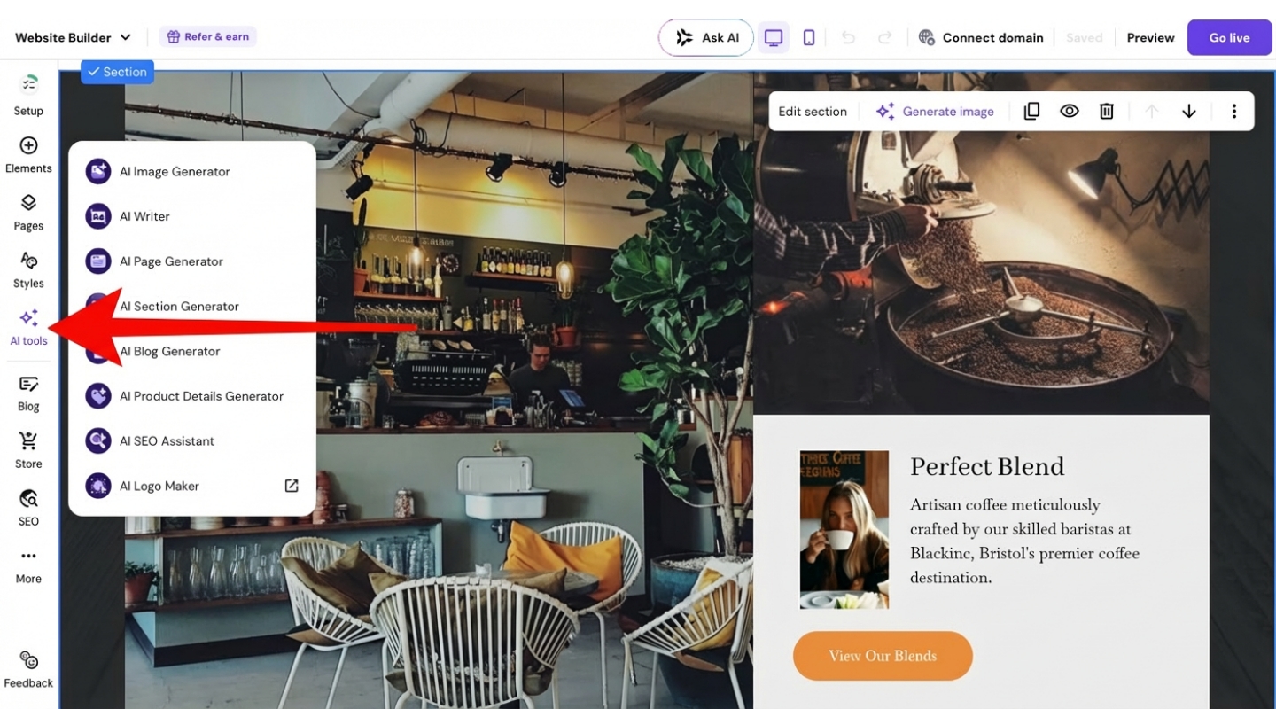 Hostinger website builder editor showing built-in AI tools including AI Writer, AI Page Generator, and AI SEO Assistant in the left sidebar
