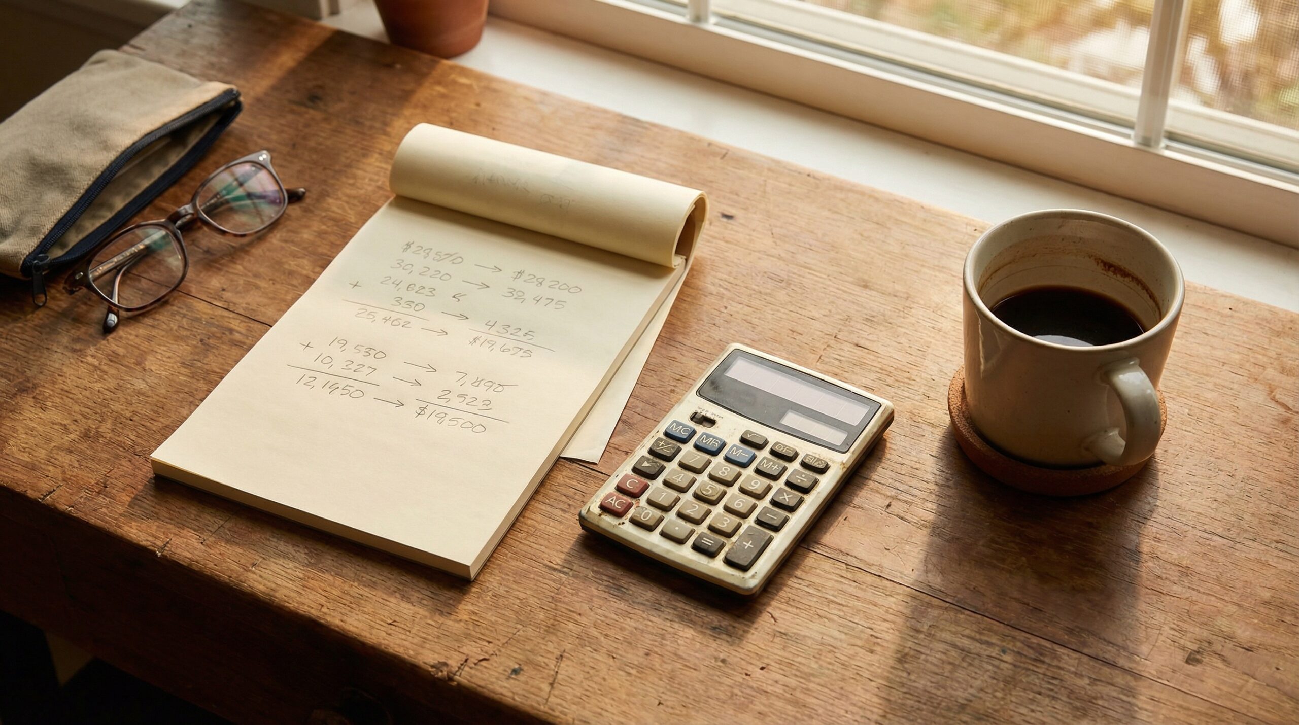 How much does a website cost for a small business — notepad with calculations, calculator and coffee on a wooden desk