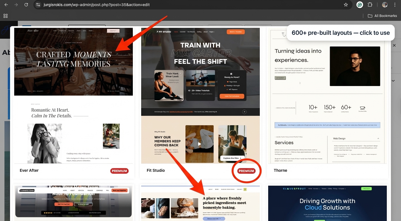 Kadence Blocks Design Library open inside WordPress showing 600+ pre-built page layouts for small business websites
