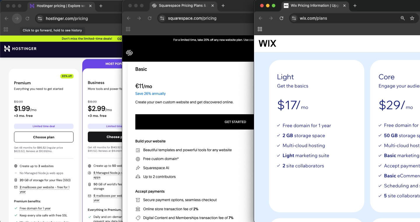 Website builder pricing pages for Hostinger, Squarespace and Wix showing different plan costs