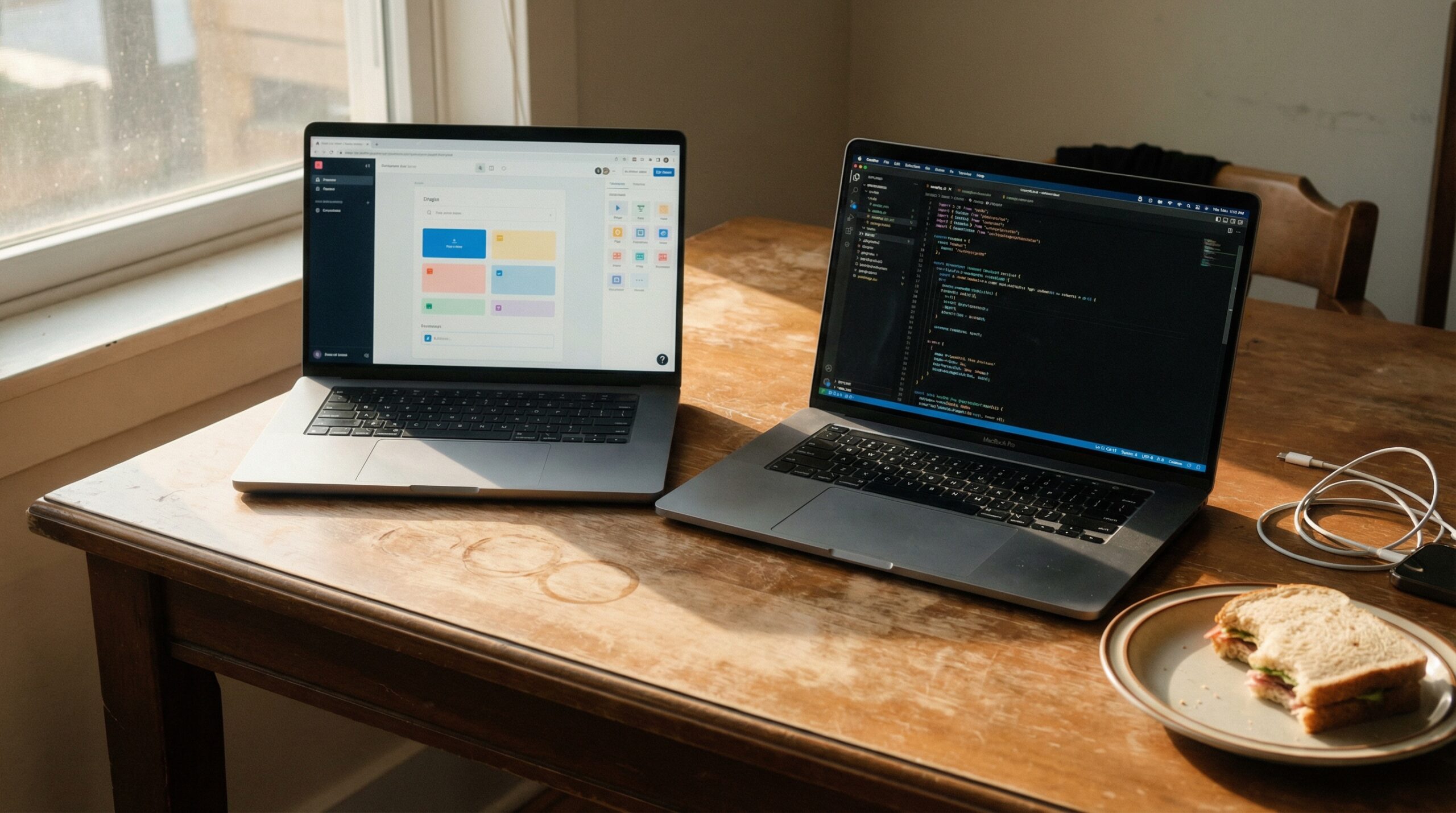 Two laptops side by side showing website builder interface and code editor comparing website builder vs hiring a web developer