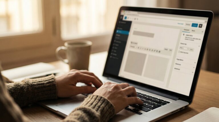 Website builder vs WordPress for small business — hands typing on laptop with dashboard on screen