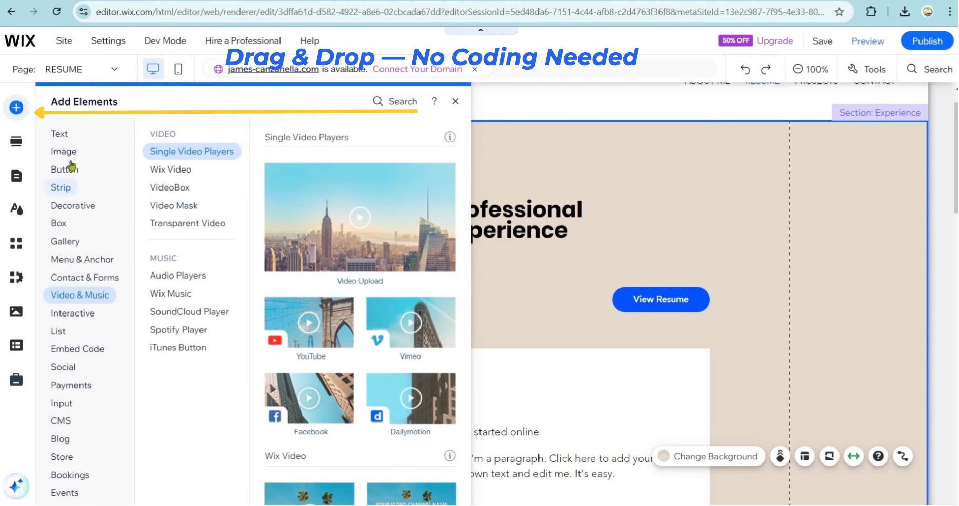 Wix website builder editor showing drag and drop tools — no coding needed for small business owners