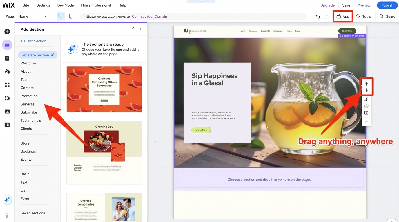 Wix drag and drop editor showing Add Section panel and section templates for a small business homepage
