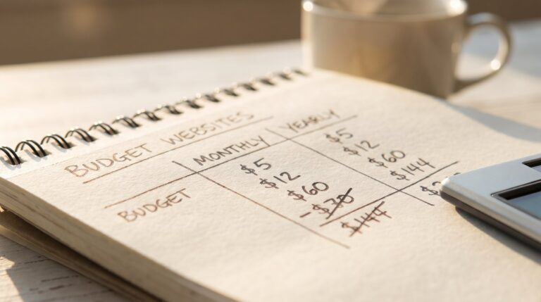 Handwritten budget website builder comparison chart with monthly and yearly pricing columns, calculator, and steaming coffee mug