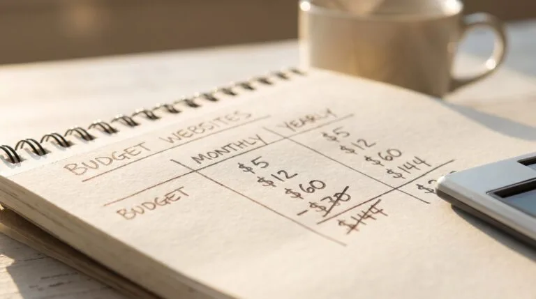Handwritten budget website builder comparison chart with monthly and yearly pricing columns, calculator, and steaming coffee mug