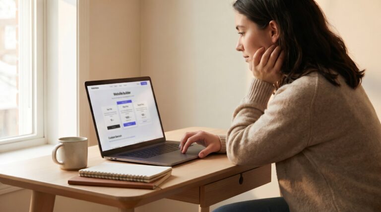 Woman reviewing budget website builder with custom domain pricing on a laptop