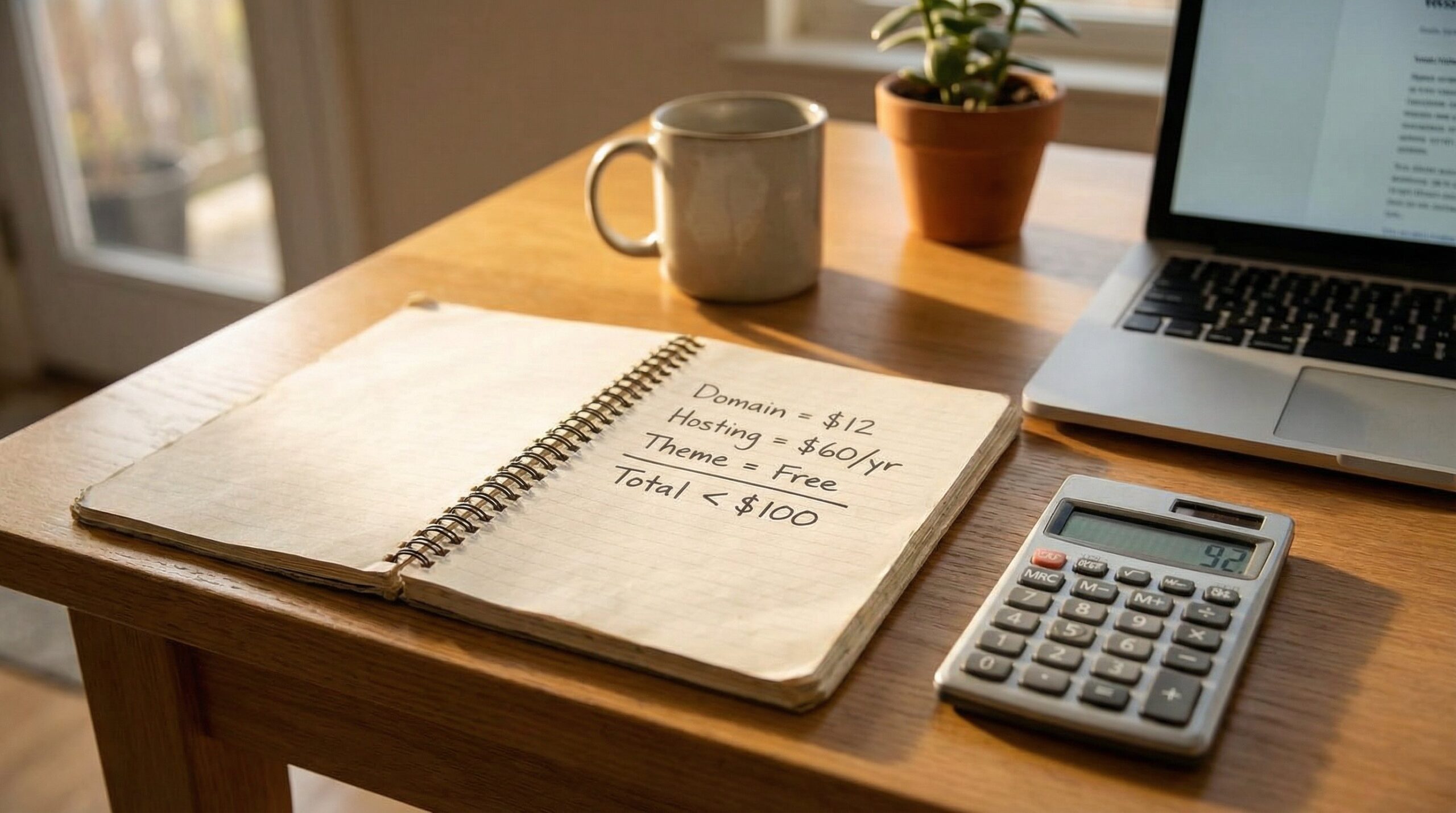 Handwritten cost breakdown on a notepad showing domain, hosting and total under $100 — planning to build a professional website under $100 a year