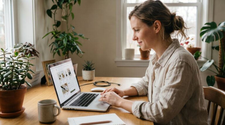 Cheap website builder for small business hero image showing a woman working on a clean website at a desk
