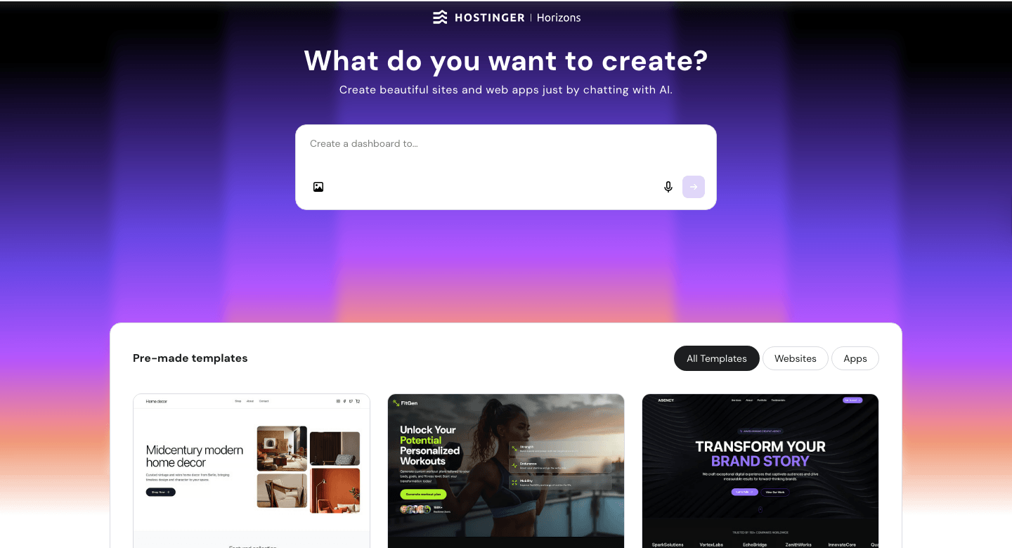 hostinger ai website builder interface showing prompt screen and pre-made templates
