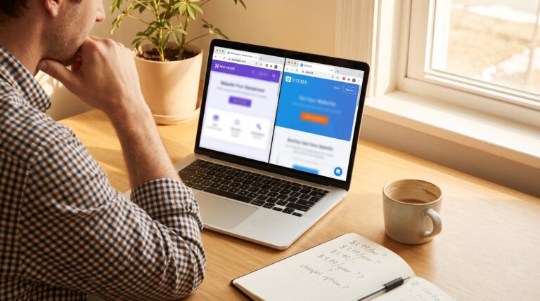 hostinger vs site123 cheaper small business comparison on laptop with pricing notes