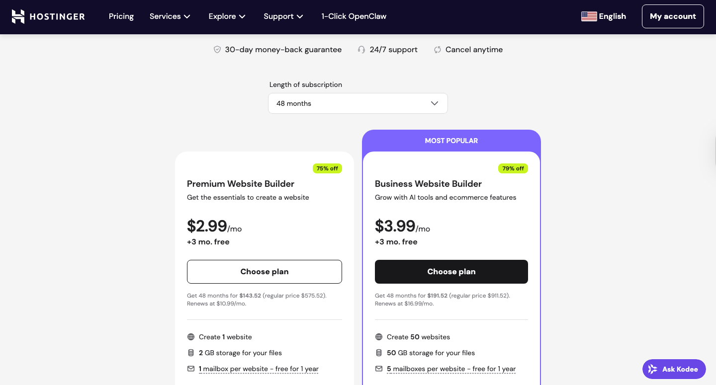 Hostinger website builder pricing page showing Premium Website Builder at $2.99/month and Business Website Builder at $3.99/month on a 48-month plan