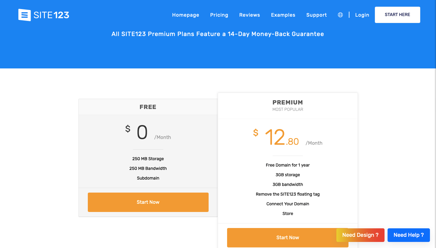 site123 pricing plans showing free and premium options for small business