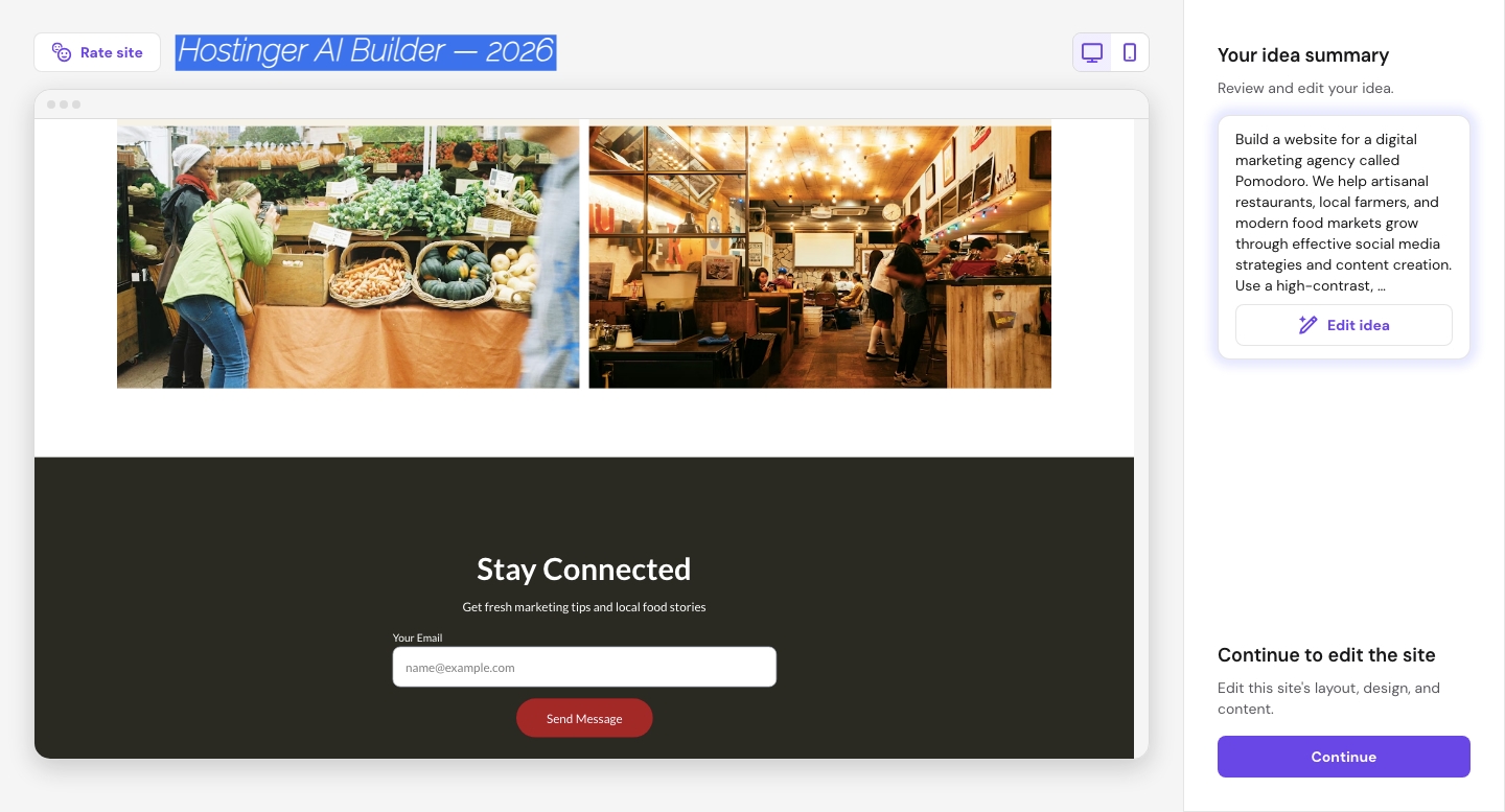 Hostinger AI builder generating a draft website for beginners