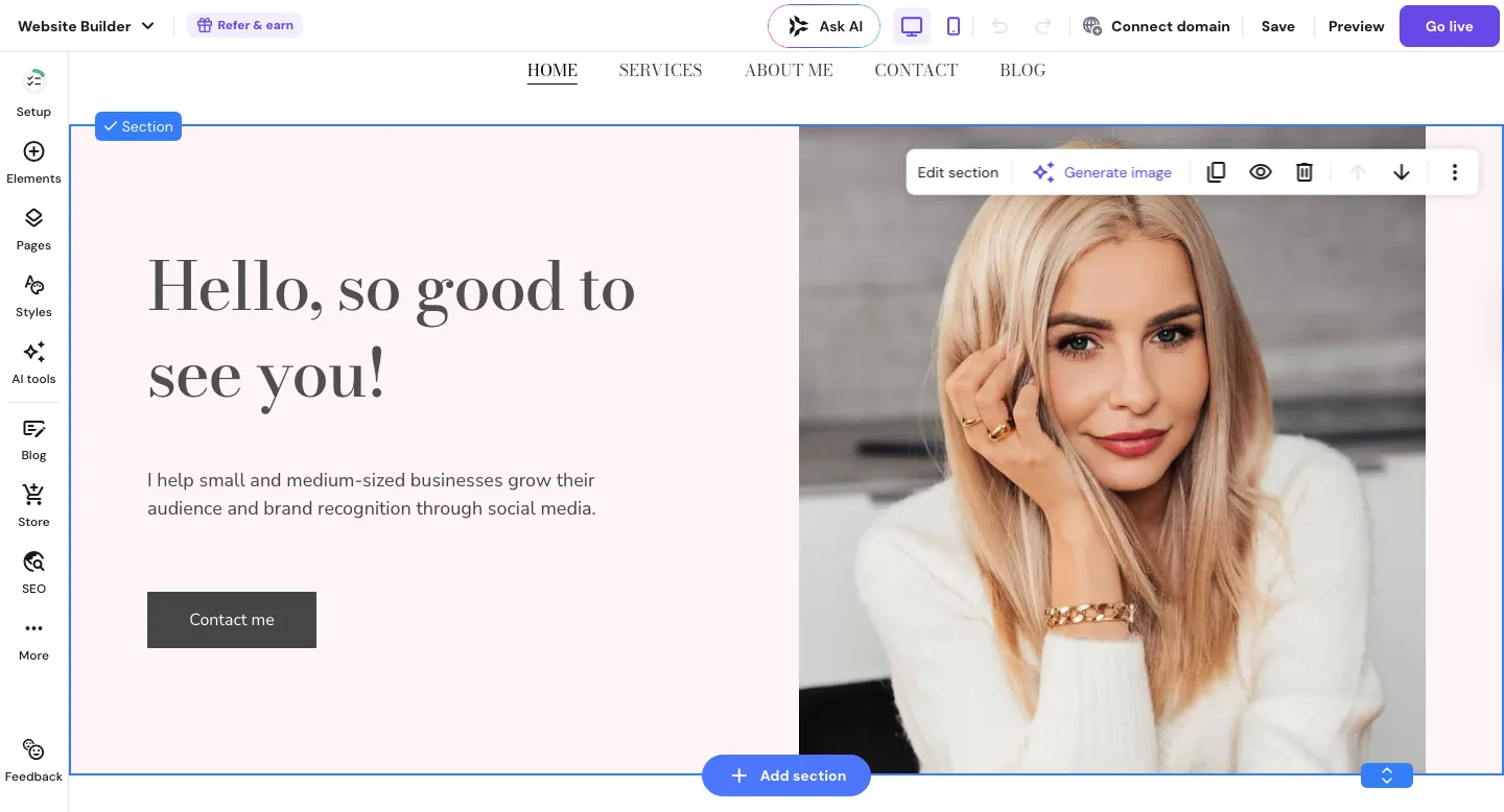 Hostinger website builder editor showing a drag-and-drop template for small business