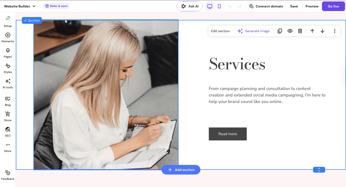  Hostinger website builder drag-and-drop editor interface for non-technical users