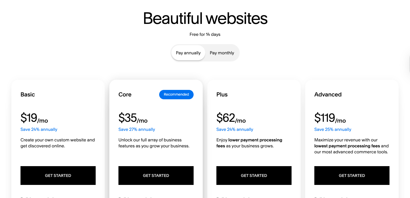 Squarespace pricing plans 2026 screenshot showing annual rates