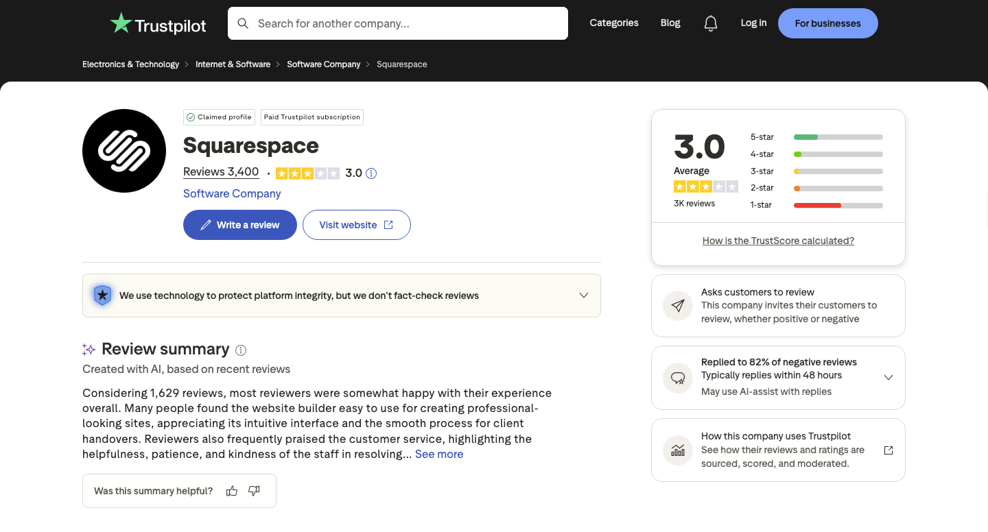 Squarespace review for small business Trustpilot score