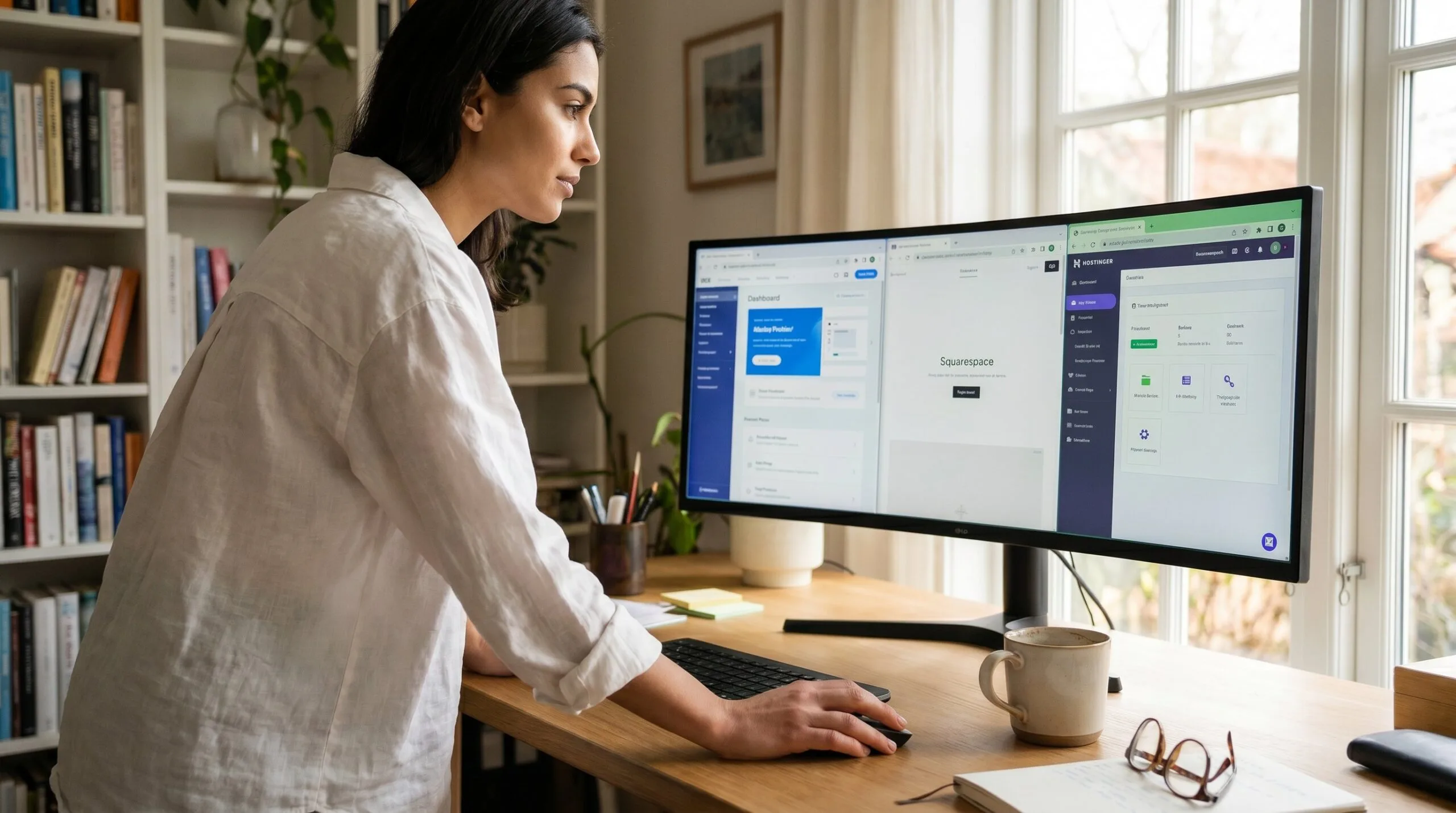 A business owner comparing website builder dashboards for Wix vs Squarespace vs Hostinger