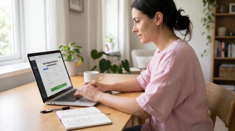Woman using a laptop with a lead generation form for a website builder, illustrating the best website builder for lead generation