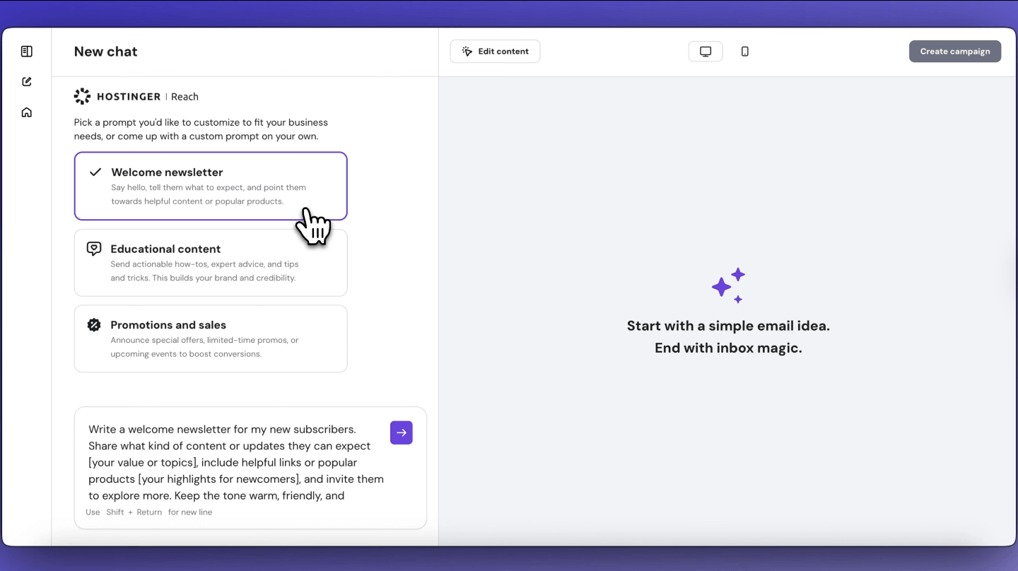 Hostinger Reach email marketing dashboard showing AI campaign prompts
