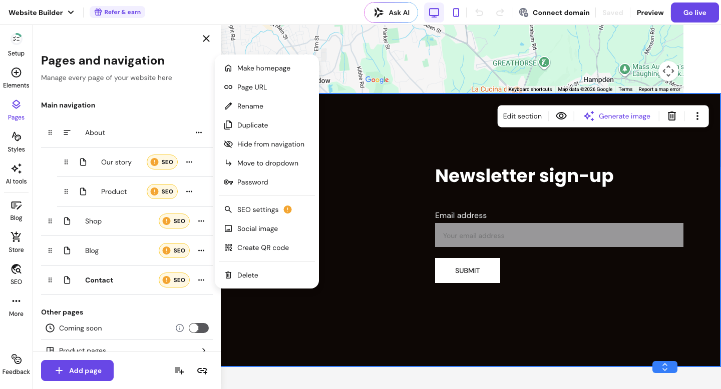 Hostinger Website Builder editor showing a newsletter sign-up form for lead generation