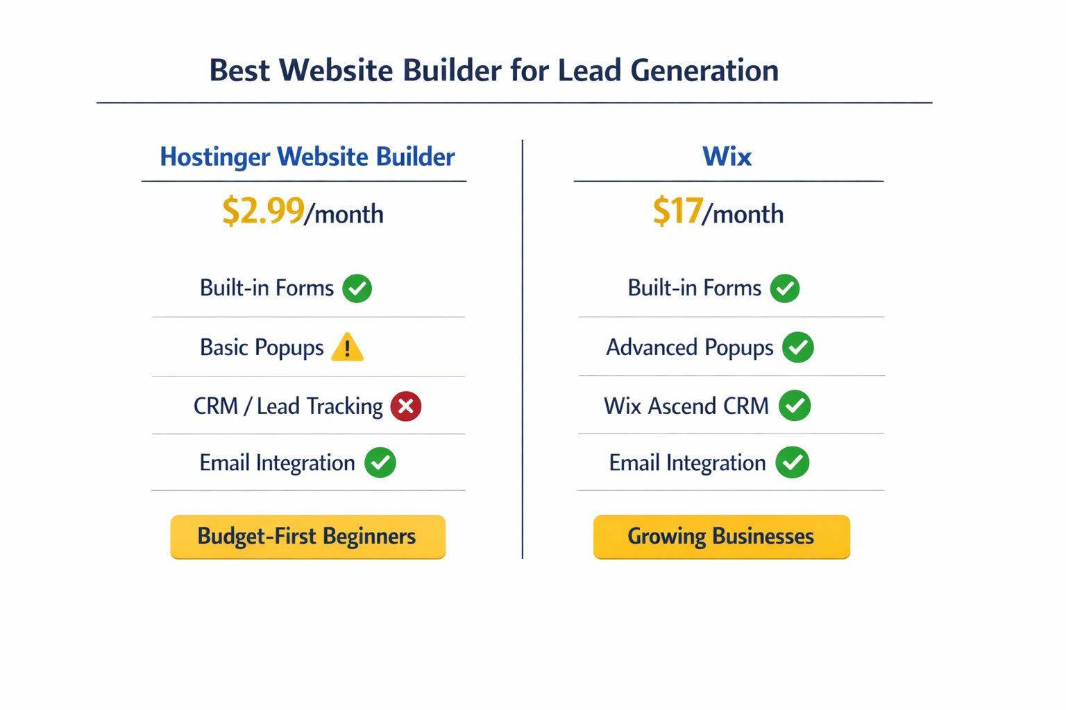 Comparison infographic for the best website builder for lead generation showing Hostinger Website Builder and Wix with prices and lead capture features.