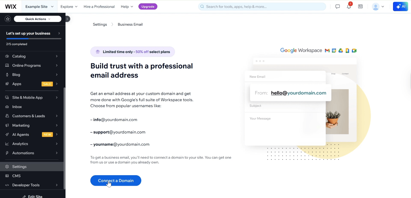 Wix business email setup screen showing domain connection and professional email address options for a small business website