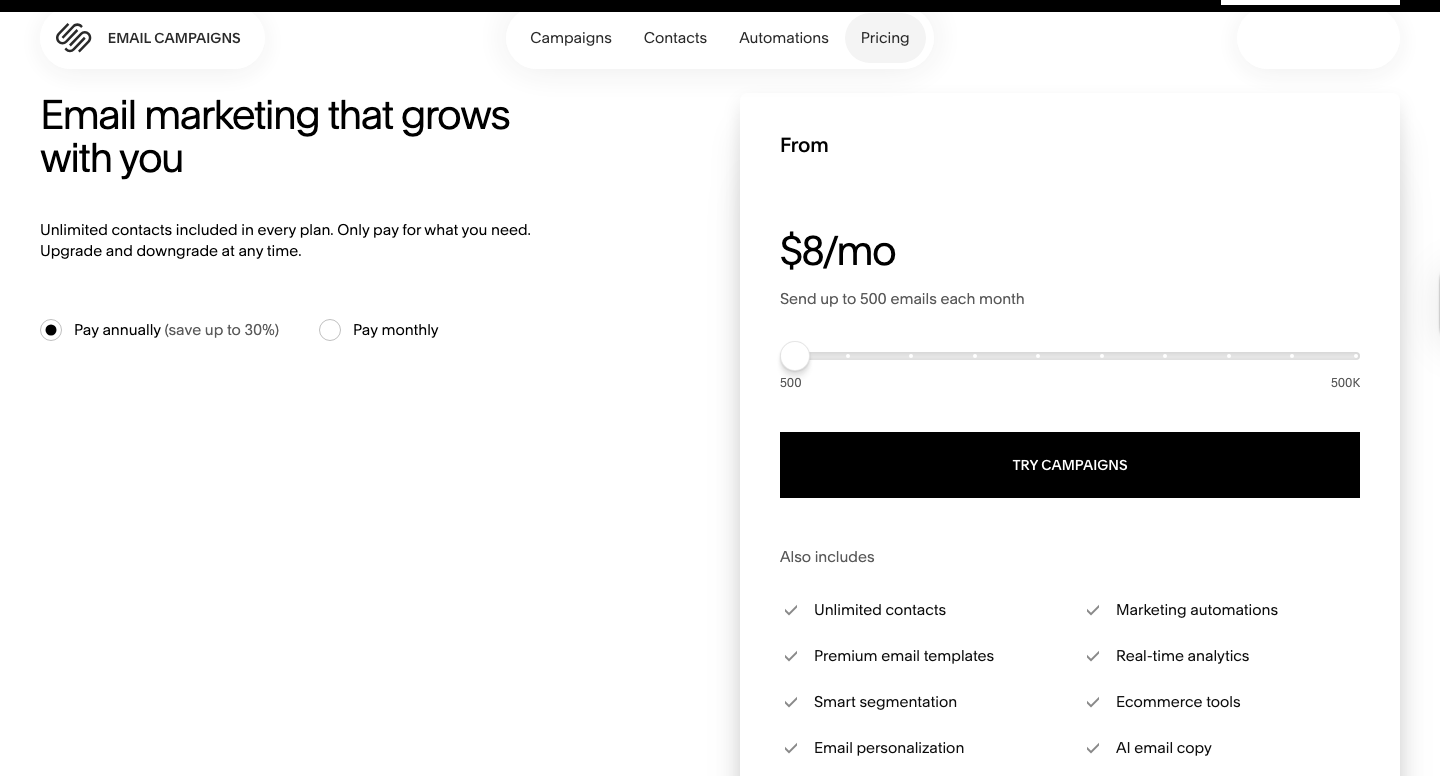Squarespace Email Campaigns pricing screen for Wix vs Squarespace email marketing comparison