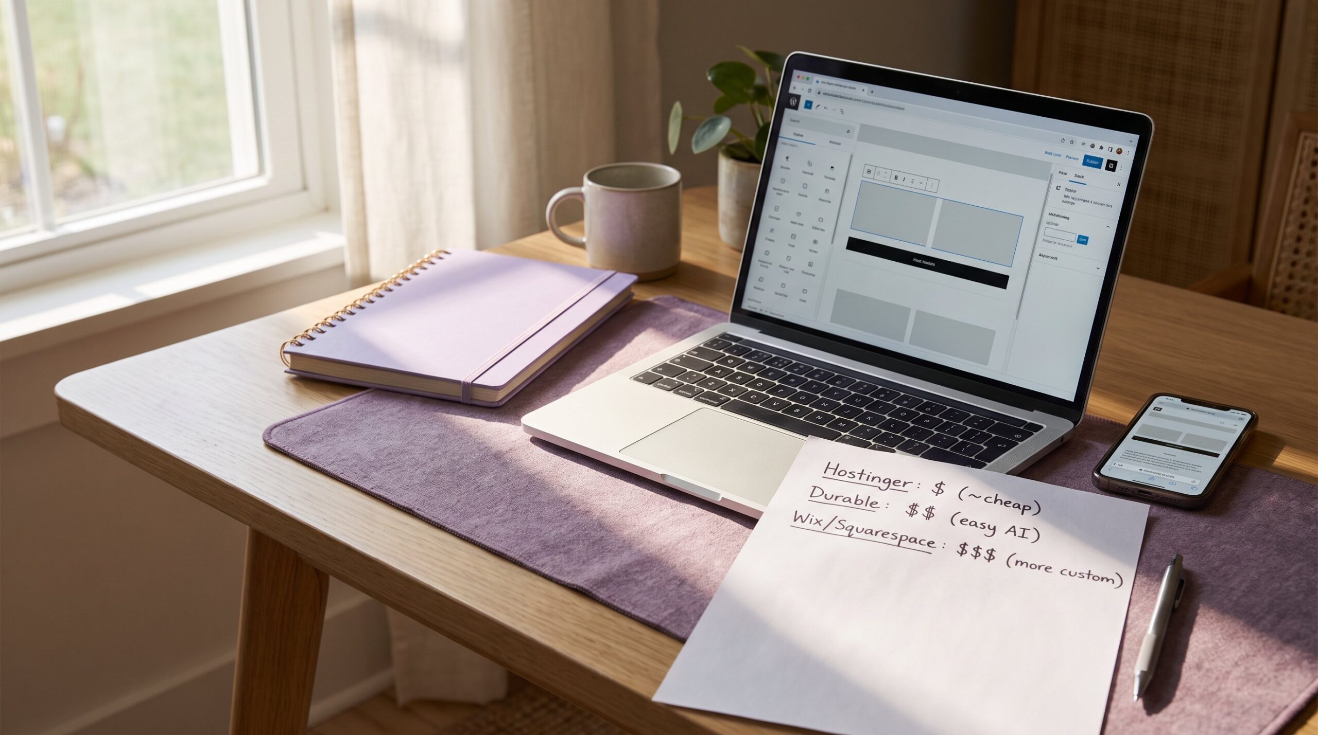 AI website builder vs traditional builder — laptop comparing Hostinger, Durable, and Wix/Squarespace