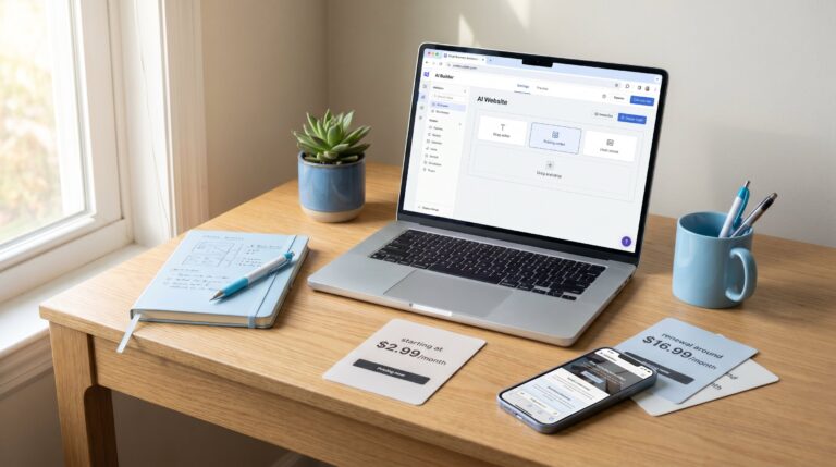 best ai website builder for small business — laptop showing an AI website builder dashboard with pricing cards (starting at $2.99/month, renewal around $16.99/month) on a light oak desk.