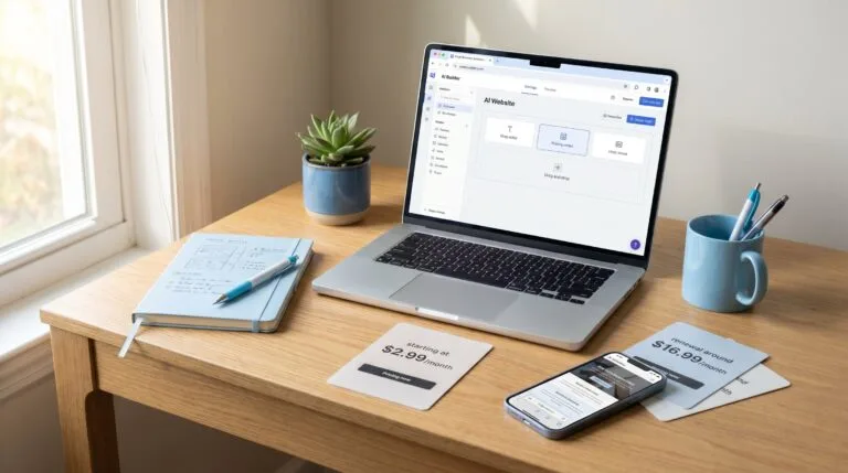 best ai website builder for small business — laptop showing an AI website builder dashboard with pricing cards (starting at $2.99/month, renewal around $16.99/month) on a light oak desk.