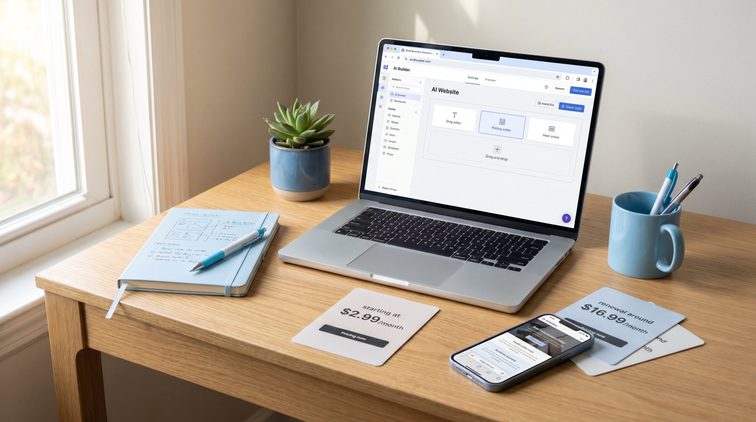 best ai website builder for small business — laptop showing an AI website builder dashboard with pricing cards (starting at $2.99/month, renewal around $16.99/month) on a light oak desk.