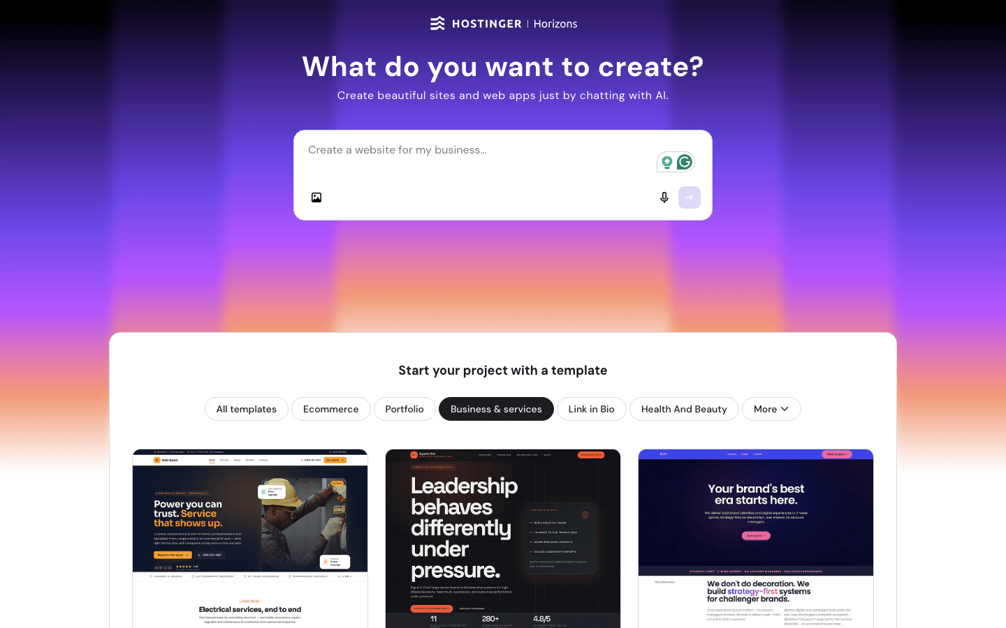 Hostinger AI website builder screen showing the prompt box, template selection, and business website creation options.