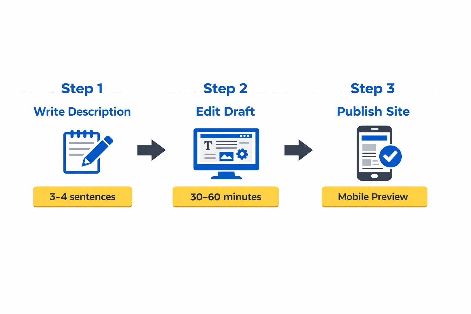 Three-step flowchart showing how AI website builders work from writing a description to editing a draft and publishing a site