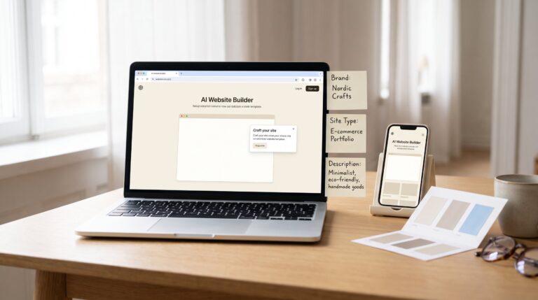 AI website builder setup on a laptop with brand name, site type, and description notes beside it How AI website builders work with setup steps on a laptop and mobile preview