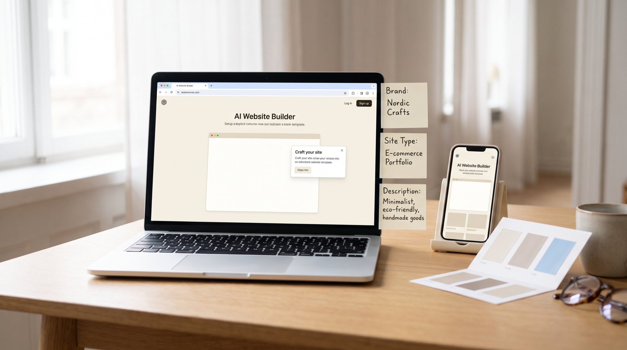 AI website builder setup on a laptop with brand name, site type, and description notes beside it How AI website builders work with setup steps on a laptop and mobile preview