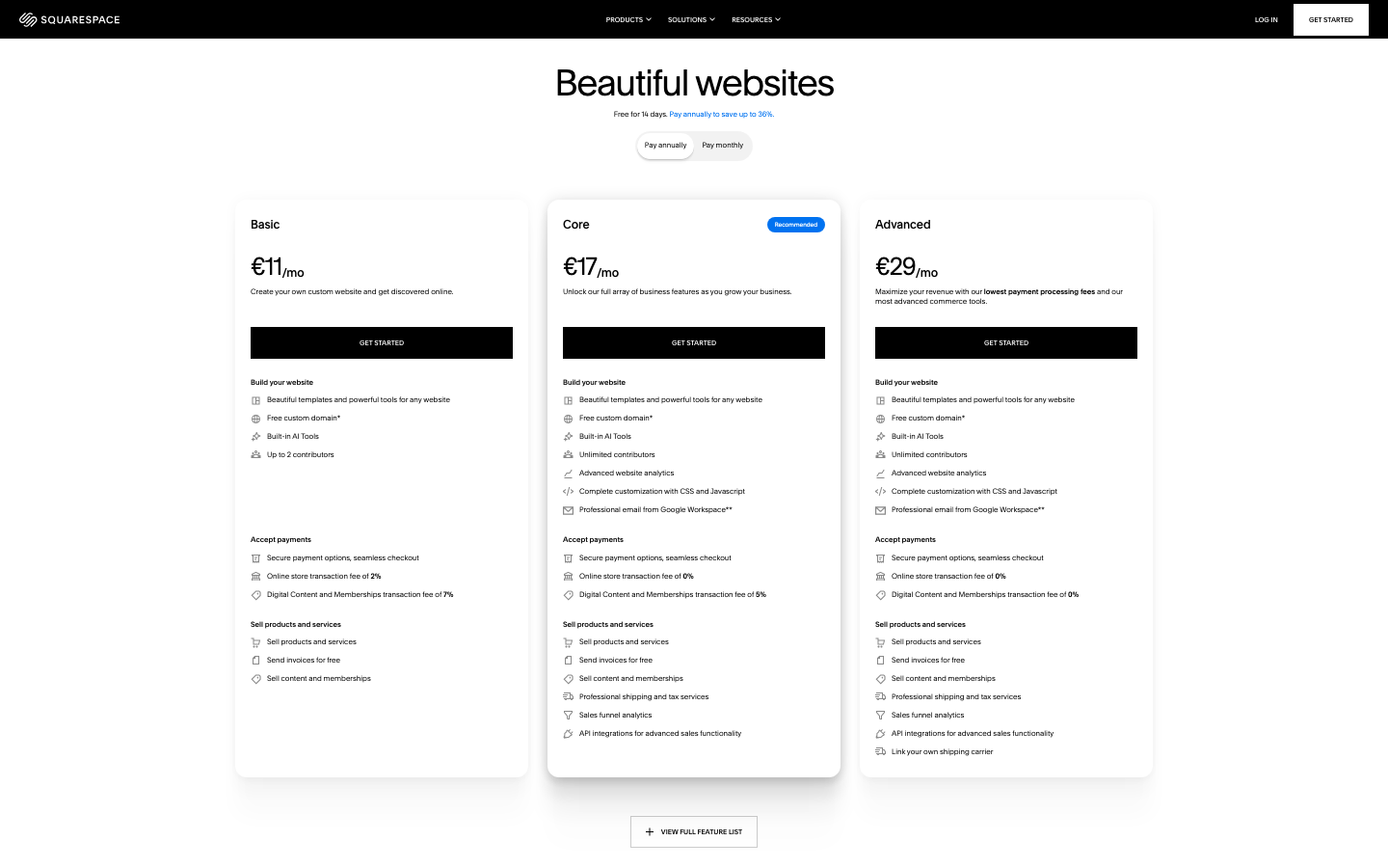 Squarespace AI pricing cards showing Basic, Core, Plus, and Advanced plans for a small business website builder.