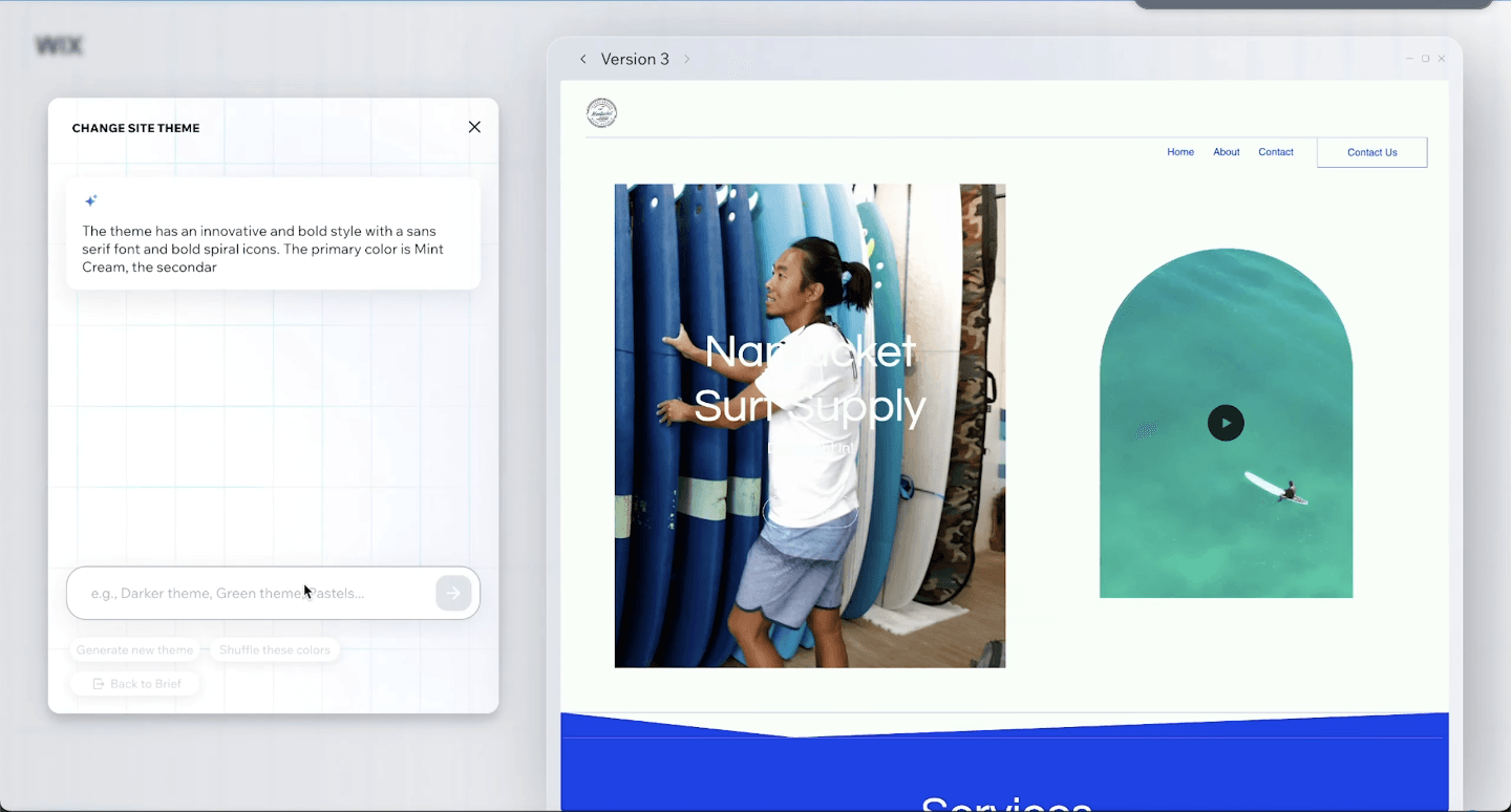Wix AI theme editor showing a website layout preview and theme change panel