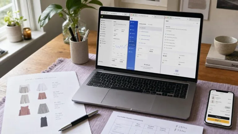 Ecommerce website builder comparison with Shopify, Wix, and BigCommerce dashboards