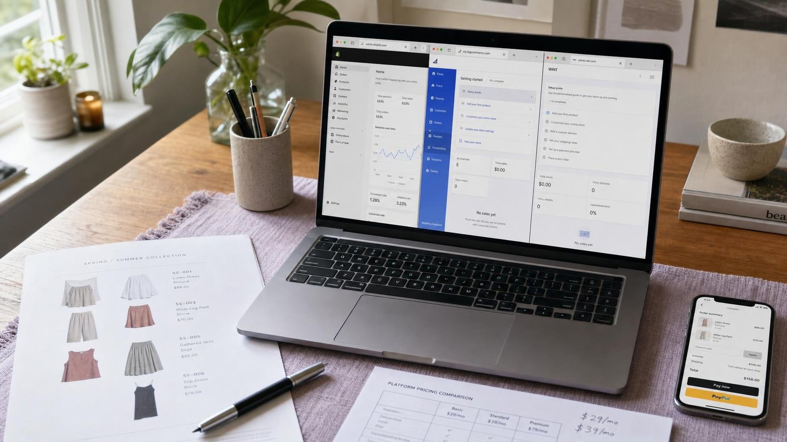 Ecommerce website builder comparison with Shopify, Wix, and BigCommerce dashboards