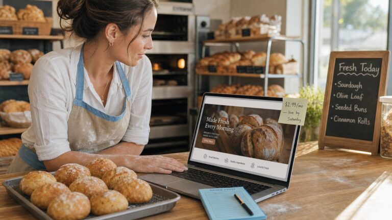 Hostinger AI website builder review — bakery owner reviewing a site draft on a laptop