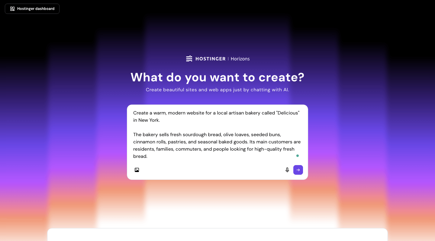 Hostinger AI website builder review — bakery prompt typed into the Horizons dashboard