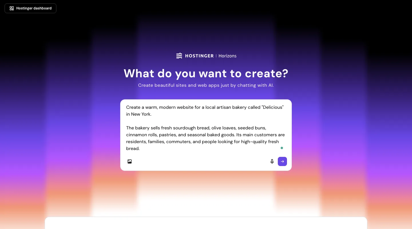 Hostinger AI website builder review — bakery prompt typed into the Horizons dashboard