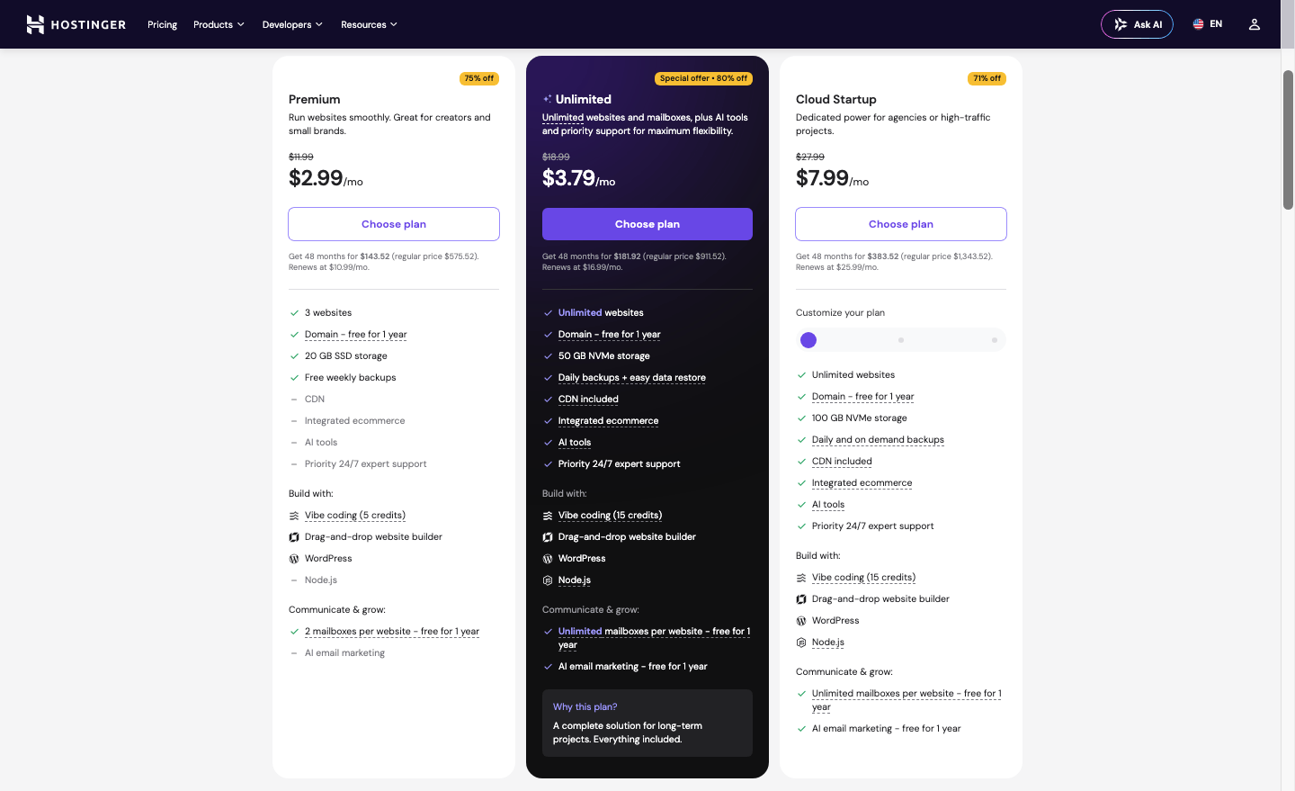 Hostinger pricing plans with ecommerce website builder