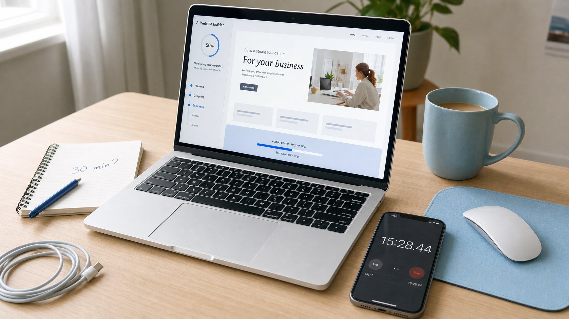 how long does it take to build a website with AI — laptop with timer beside it